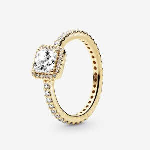 Gold Pandora Square Sparkle Halo Halo & Solitaire Rings | CRQP38156