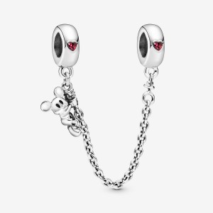 Sterling Silver Pandora Climbing Mickey Safety Red CZ Safety Chains | QOGI59432