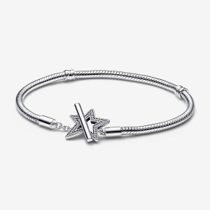 Sterling Silver Pandora Moments Asymmetric Star T-bar Snake Charm Bracelets | GWPB41572
