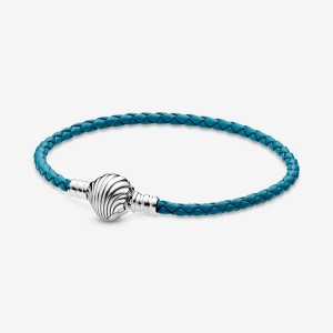 Sterling Silver Pandora Moments Seashell Clasp Turquoise Braided Leather Bracelets | QOHA90264