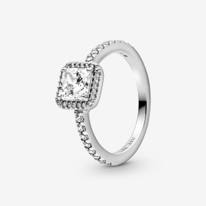 Sterling Silver Pandora Square Sparkle Halo Halo & Solitaire Rings | OXLU25186