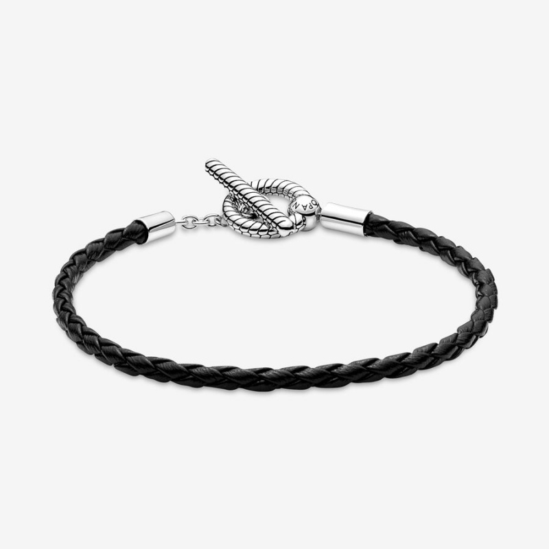 Sterling Silver Pandora Moments Braided Leather T-bar Leather Bracelets | GAST62549