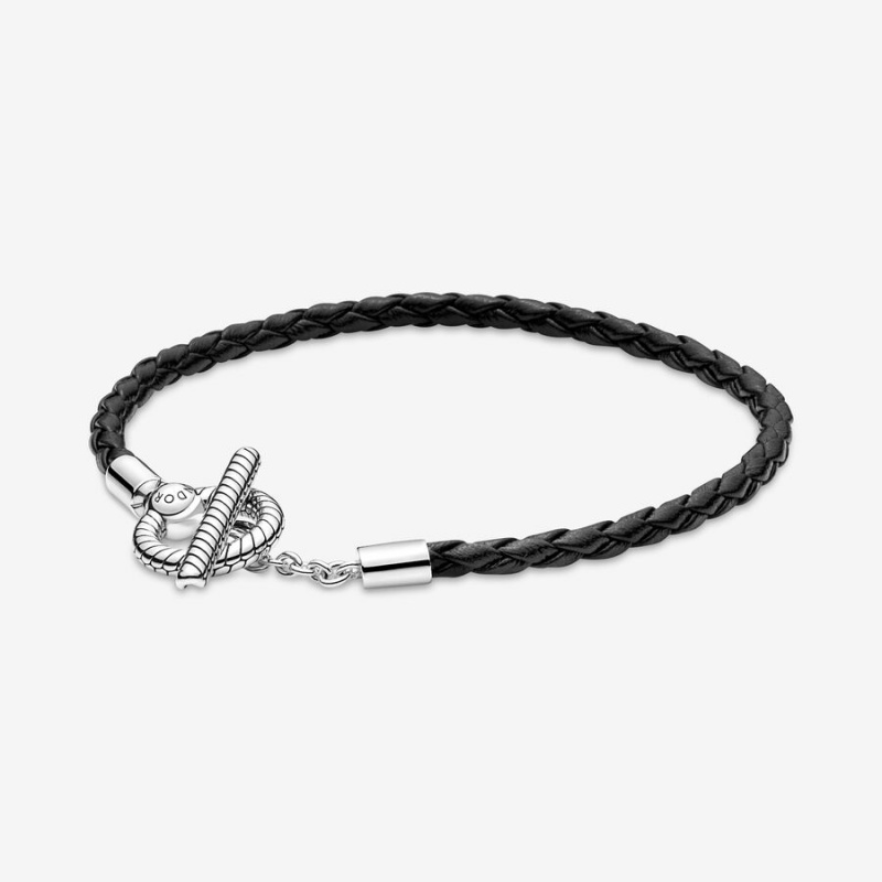 Sterling Silver Pandora Moments Braided Leather T-bar Leather Bracelets | GAST62549
